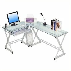 Discount 🔔 Scranton & Co L-Shape Glass Top Computer Desk ⌛