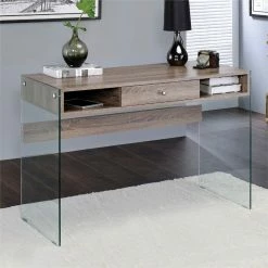 Cheapest 🔔 Bowery Hill Writing Desk In Clear Glass And Gray Oak 🔔