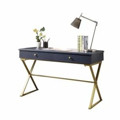 Cheapest 🌟 Riverbay Furniture Writing Desk In Blue And Gold ⌛
