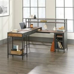 Cheap ⭐ Sauder Boulevard Cafe Mid-Century Metal L-Shape Computer Desk In Vintage Oak 🤩 -Cheap Executive Store 1953044 2 L