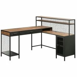Cheap ⭐ Sauder Boulevard Cafe Mid-Century Metal L-Shape Computer Desk In Vintage Oak 🤩