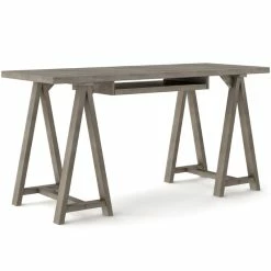 Discount 🥰 Simpli Home Sawhorse 60" Modern Solid Wood Computer Desk In Farmhouse Gray ✔️
