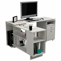 Buy 😉 Inval America Inval L-Shaped Engineered Wood Reversible Computer Desk In Washed Oak 🎉 -Cheap Executive Store 2106395 2 L