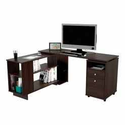 Hot Sale ⭐ Inval America L-Shaped Engineered Wood Reversible Computer Desk In Espresso ⭐ -Cheap Executive Store 2106396 3 L