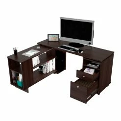 Hot Sale ⭐ Inval America L-Shaped Engineered Wood Reversible Computer Desk In Espresso ⭐ -Cheap Executive Store 2106396 9 L