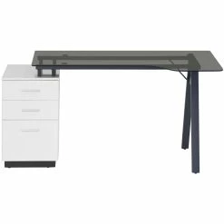 Best Sale 🌟 Techni Mobili Modern Smoked Glass Top Computer Writing Desk In White ❤️ -Cheap Executive Store 2139434 3 L
