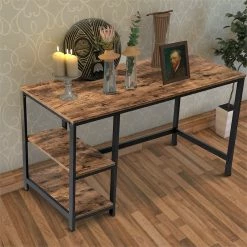 Promo 👏 Benjara 23.6" Contemporary Wood Computer Desk With 2 Shelves In Brown/Black ✨ -Cheap Executive Store 2196504 5 L