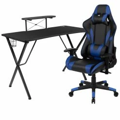Deals 👍 Flash Furniture Gaming Desk And Racing Reclining Chair Set In Black And Blue 🤩