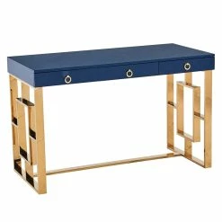 Deals 🧨 Best Master Furniture Brooks 3 Drawer Wood And Stainless Steel Frame Writing Desk - Blue/Gold ⌛
