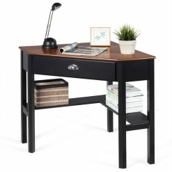 Best Sale 🌟 Costway Contemporary Pine And MDF Corner Computer Desk In Coffee ✔️ -Cheap Executive Store 2301127 2 L