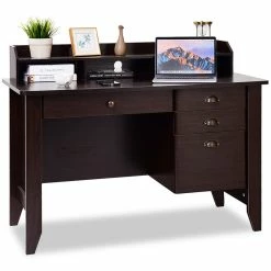 New 💯 Costway Contemporary MDF Computer Desk With 3 Side Drawers In Brown 🌟 -Cheap Executive Store 2301538 6 L