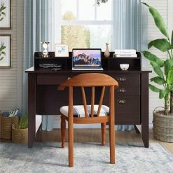New 💯 Costway Contemporary MDF Computer Desk With 3 Side Drawers In Brown 🌟 -Cheap Executive Store 2301538 8 L