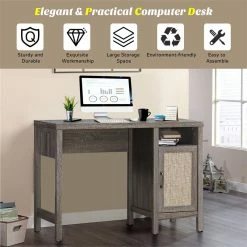 Budget 👍 Costway Contemporary Wood Computer Desk With Storage Cabinet In Oak 😉 -Cheap Executive Store 2326218 7 L