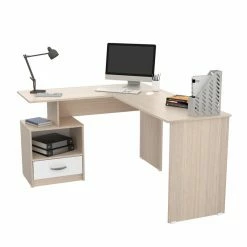 Coupon 🥰 Inval America Inval Merlin L-Shape Computer Desk With Cubby In Maple And White 😉 -Cheap Executive Store 2398456 5 L