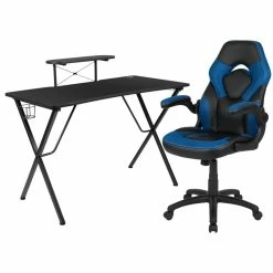 Best Sale 🛒 Bowery Hill 2 Piece Gaming Desk Set With Monitor Stand In Black And Blue 🔔