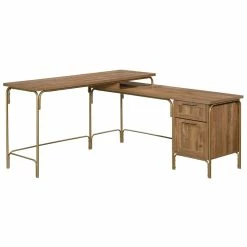 New 🛒 Pemberly Row Home Office Wood L-Shaped Desk In Sindoori Mango And Gold 🤩