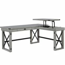 Coupon ⌛ Pemberly Row Wood L Desk With Lift Top In Rustic White ⭐