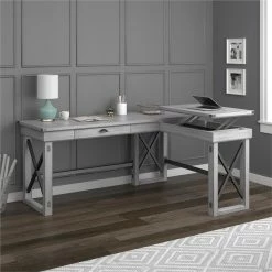 Coupon ⌛ Pemberly Row Wood L Desk With Lift Top In Rustic White ⭐ -Cheap Executive Store 2405377 6 L
