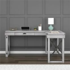 Coupon ⌛ Pemberly Row Wood L Desk With Lift Top In Rustic White ⭐ -Cheap Executive Store 2405377 7 L