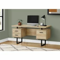 Budget 🎁 Pemberly Row 60" 3-drawer Riversible Wood Computer Desk In Natural/Black ✔️ -Cheap Executive Store 2405381 5 L