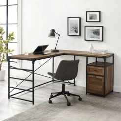 Brand new ⭐ Walker Edison Angle Iron L-Shaped Computer Desk With Storage In Rustic Oak 😀 -Cheap Executive Store 2436167 2 L