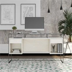 Best Sale 👍 Ameriwood Home Camley Desk With Glass Top In 2 Drawers And Storage In Plaster 🥰 -Cheap Executive Store 2462792 2 L