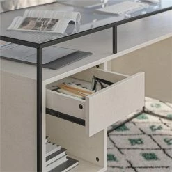 Best Sale 👍 Ameriwood Home Camley Desk With Glass Top In 2 Drawers And Storage In Plaster 🥰 -Cheap Executive Store 2462792 3 L
