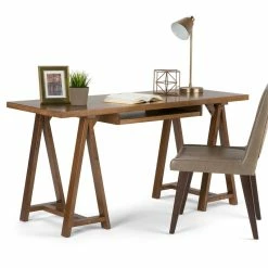 Flash Sale 💯 Simpli Home Sawhorse SOLID WOOD 60 Inch Wide Writing Office Desk In Medium Saddle Brown 🤩 -Cheap Executive Store 2467034 8 L