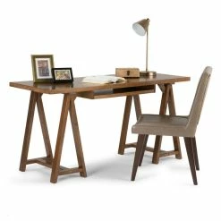 Flash Sale 💯 Simpli Home Sawhorse SOLID WOOD 60 Inch Wide Writing Office Desk In Medium Saddle Brown 🤩 -Cheap Executive Store 2467034 9 L