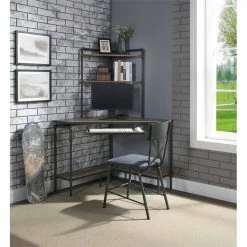 Promo 👍 Bowery Hill Contemporary Metal And Wood Desk In Sand Oak 🎁 -Cheap Executive Store 2469410 3 L