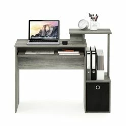 Hot Sale 👍 Furinno Econ Wood Computer Writing Desk W/Bin In French Oak Gray/Black ❤️ -Cheap Executive Store 2477614 3 L