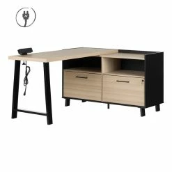 Deals 🎉 Kozack L-Shaped Desk With Power Bar Soft Elm And Matte Black South Shore 🤩