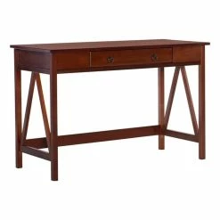 New โญ Linon Titian Wood One Drawer Writing Desk In Tobacco Brown ๐