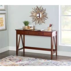New ⭐ Linon Titian Wood One Drawer Writing Desk In Tobacco Brown 👍 -Cheap Executive Store 438811 48 L